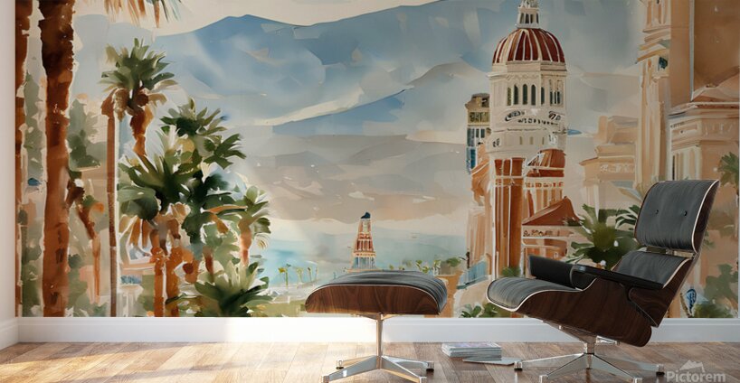 Watercolor Style Painting of Lively Las Vegas Boulevard with Iconic Clock Tower-UN44  Wall Murals