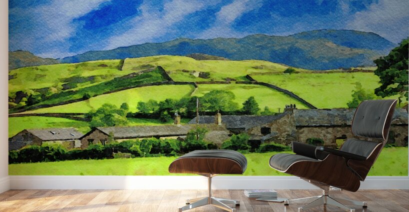 Beautiful watercolor landscape of Lake District countryside in England Wall Murals