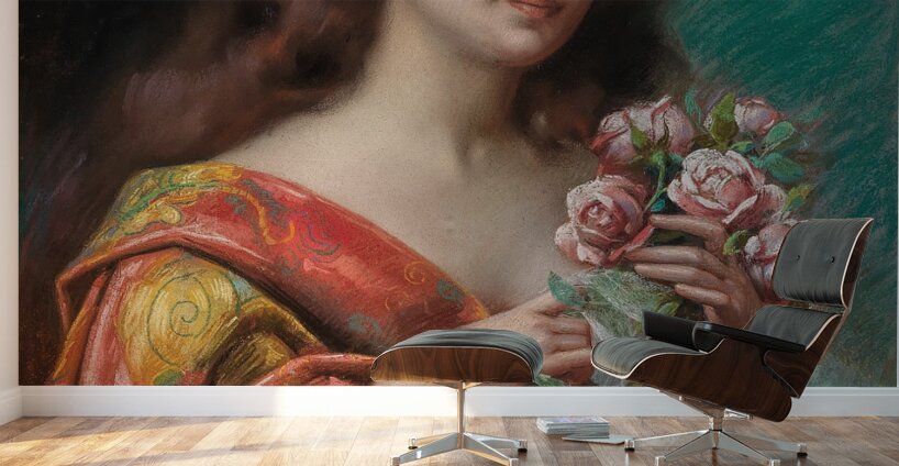 Portrait of a Lady in a Negligee. Holding Roses by Delphin Enjolras [1857–1945] Wall Murals