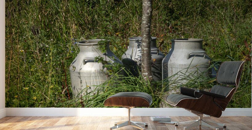 Vintage Milk Jugs in a Scenic Countryside Landscape Wall Murals