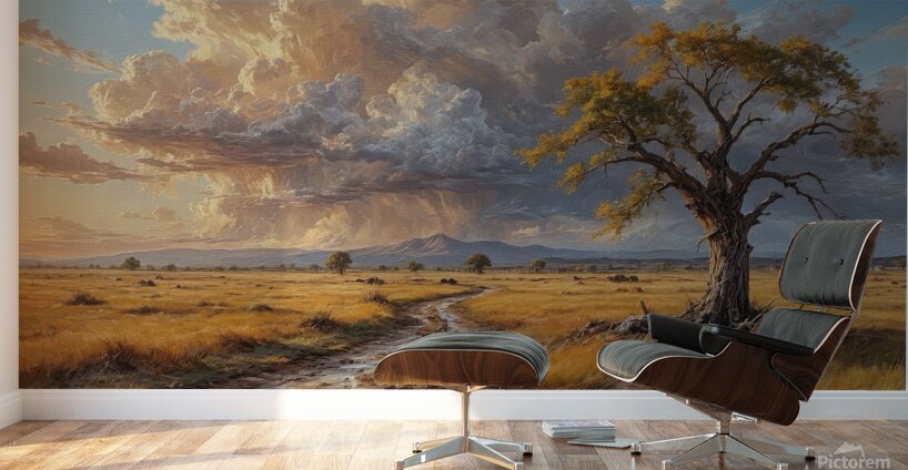 Lone Tree in a Golden Landscape at Sunset Wall Murals