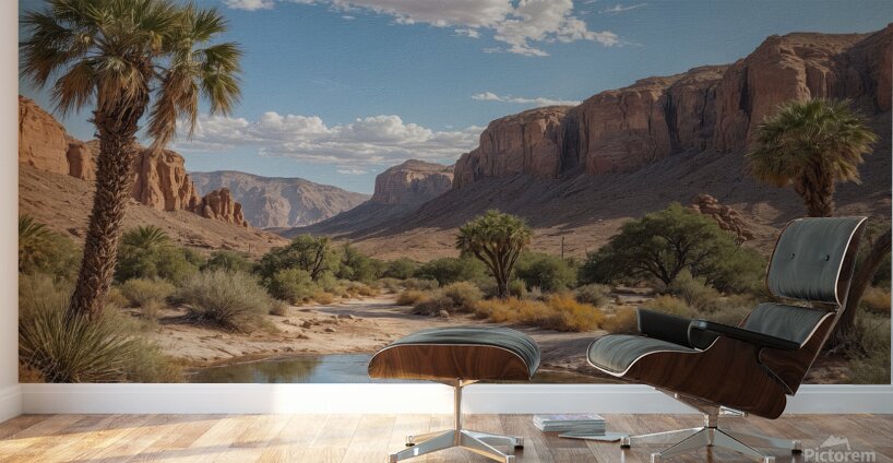 Serene Desert Landscape with Palm Trees and Stream Wall Murals