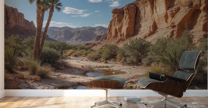 Serene Desert Landscape with Stream and Palm Trees Wall Murals