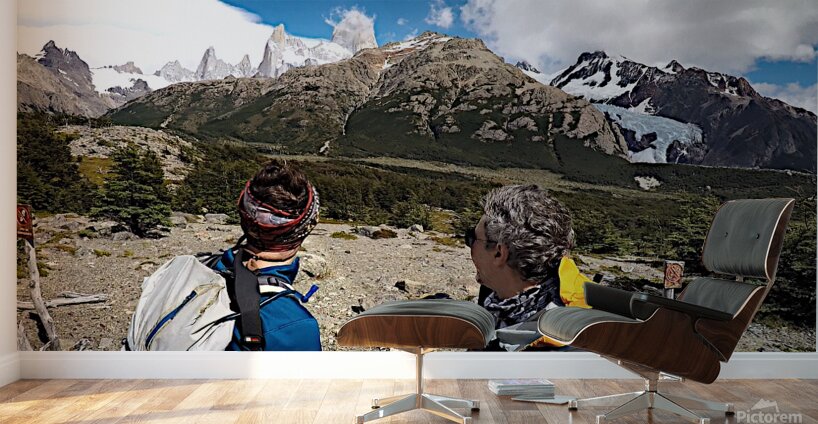 Fitz Roy Massif and Glacier Piedras Blancas behind explorers Wall Murals