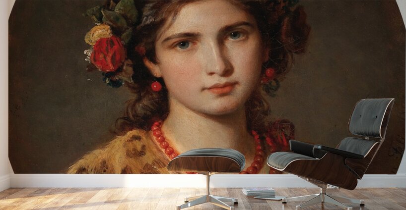 Portrait of a Girl with Wreath of Roses in her Hair and Leopard Skin by Eugen Felix [1837–1906] Wall Murals