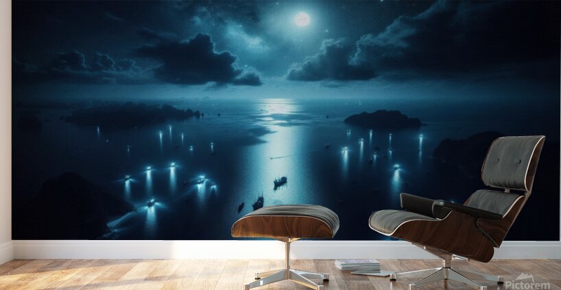 Luminous boats at night at sea 12 Wall Murals