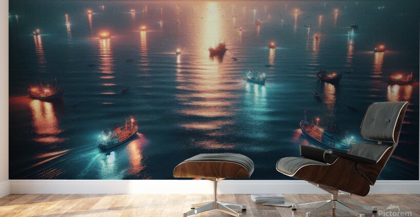 Luminous boats at night at sea 16 Wall Murals