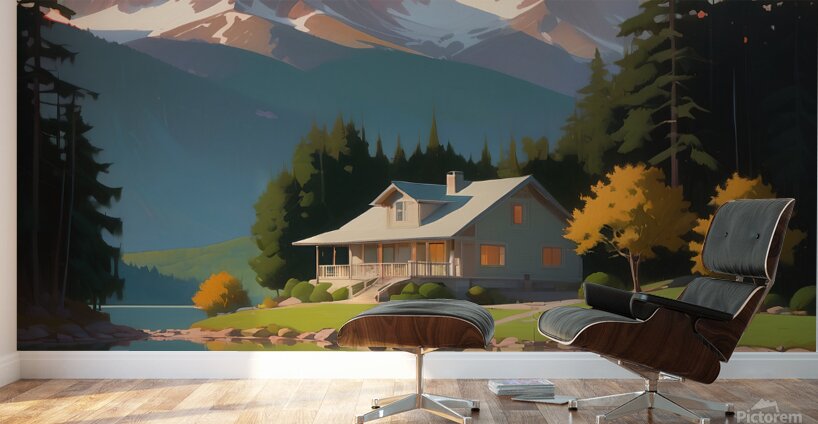 openart a painting of a lake with a house  Wall Murals