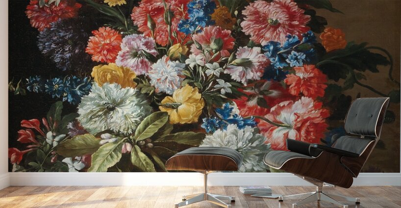 Carnations. Lillies. Nigellas and other flowers in a decorative terracotta vase on a stone ledge by Abraham Brueghel [1631–1697] Wall Murals