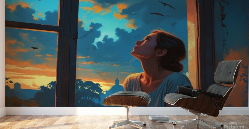 A woman in a simple dress leans on a window sill of an old house Wall Murals