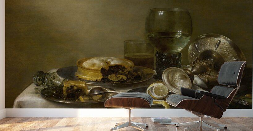 A still life with an overturned silver tazza. Glassware. Pies and a peeled lemon on a table [1633] by Willem Claesz Heda [1594–1680] Wall Murals