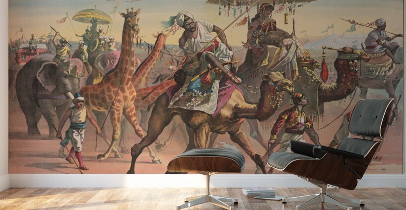 Circus troupe with people in exotic dress riding camels. Giraffes. Elephants [1890] by Calvert Litho. Co [1863–] Wall Murals
