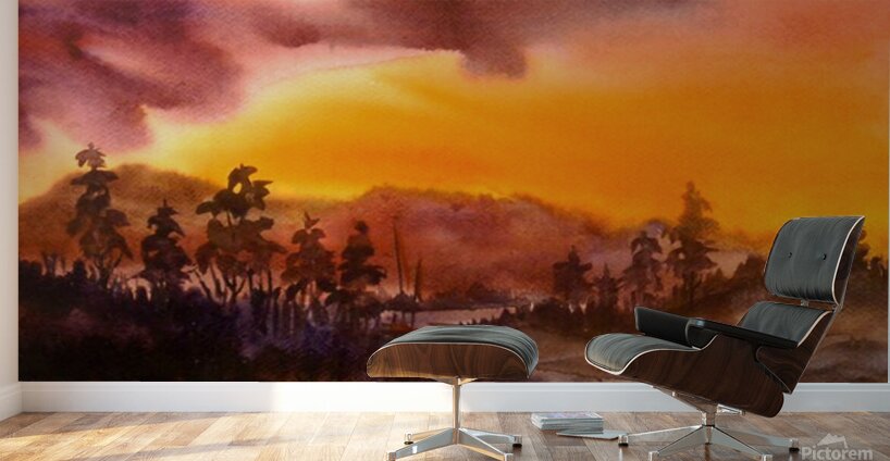 Cloudy Sunset Mountain Himalaya  Watercolor Painting  Wall Murals