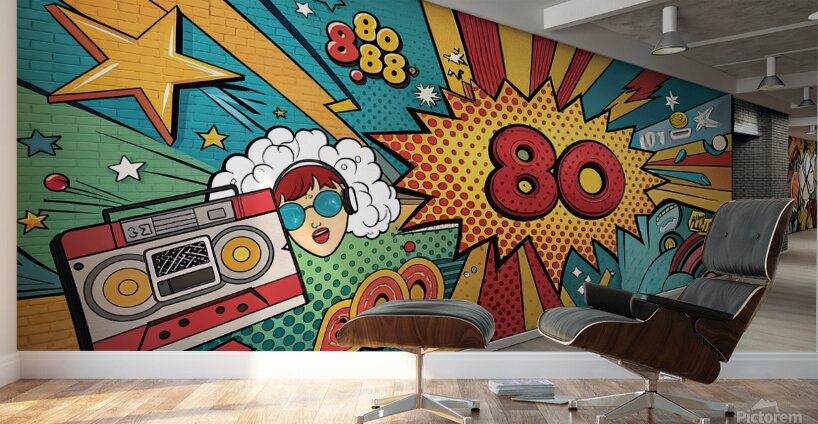 a pop art inspired wall art with bright comic sty Wall Murals