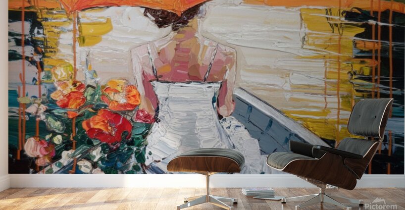 Serene Reflections – A Woman with an Orange Umbrella Wall Murals