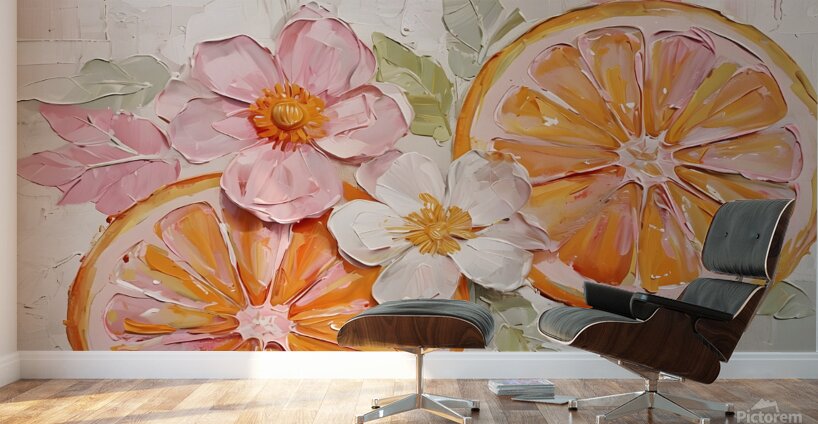 Vibrant Citrus Blossom – Impressionist Oil Painting with Orange Slices and Flowers  Wall Murals