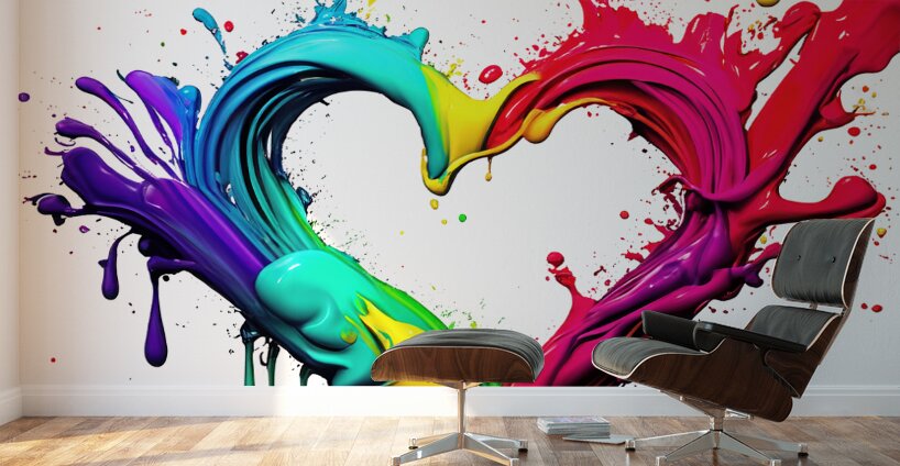 splash from rainbow colors paint in heart shape love Wall Murals