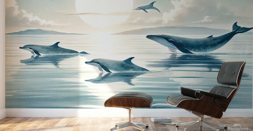 Majestic Whales and Dolphins in a Serene Ocean Wall Murals
