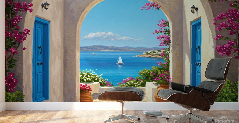 Mediterranean archway with bougainvillea blue doors and a view of the sea with a sailboat. Wall Murals