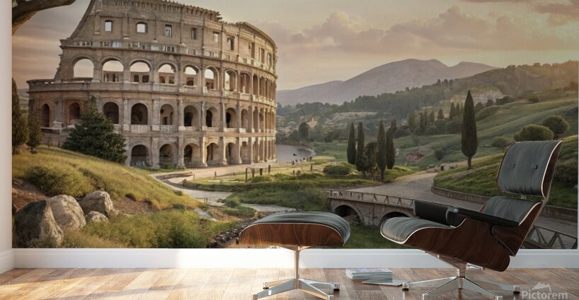 Colosseum in Rome Canvas Print or Wall Clock - Hyper-Realistic 3D Art with Golden Hour Glow Wall Murals