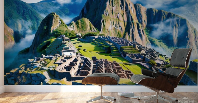 a vibrant and hyper-realistic painting of Machu Picchu Wall Murals