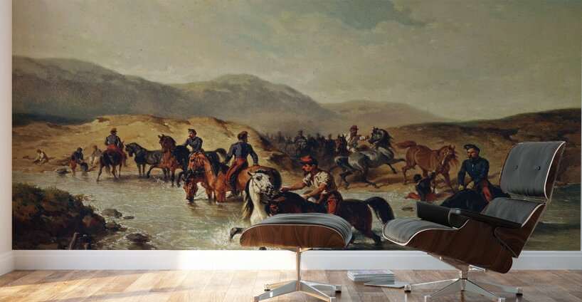Französische Kavallerie in der Pferdeschwemme [1867] by Joseph Anton Strassgschwandtner [1826–1881] Wall Murals