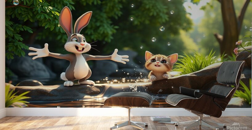 The rabbit teaches the kitten to swim Wall Murals