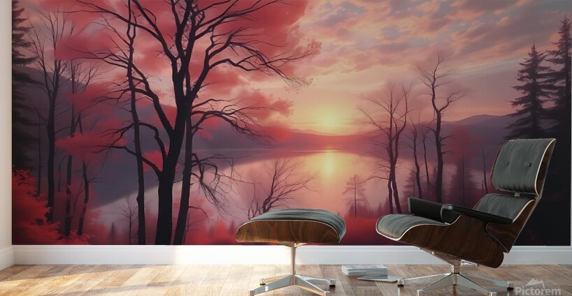 Surreal Autumn Landscape – Dreamlike Sunset Over a Mystical Forest Wall Murals