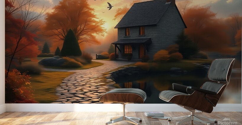 Idyllic Autumn Cottage by the Stream – Dreamlike Sunset Landscape Wall Murals