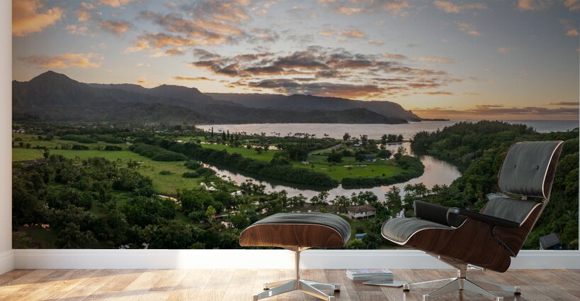 Breathtaking aerial view of sunset over Hanalei Bays verdant la Wall Murals