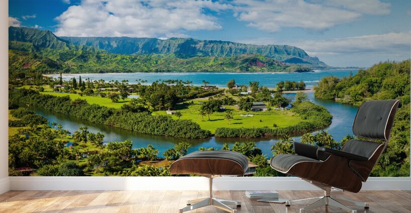 Breathtaking aerial view of Hanalei Bays verdant landscape unde Wall Murals