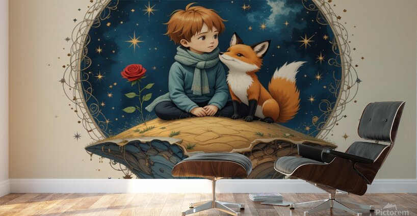 Boy and Fox on a Tiny Round Planet with Red Rose Vibrant Colors Beige Background Twinkling Stars and Intricate Details Perfect for Nursery Kids Room. Wall Murals