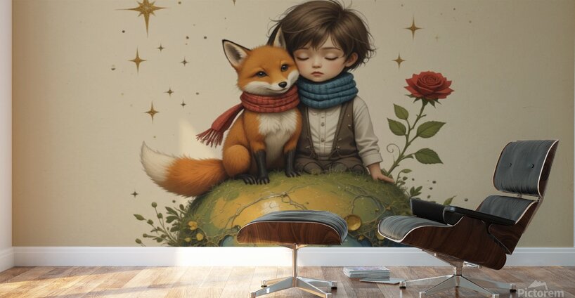 Boy and Fox on a Tiny Round Planet with Red Rose Vibrant Colors Beige Background Twinkling Stars and Intricate Details Perfect for Nursery Kids Room. Wall Murals