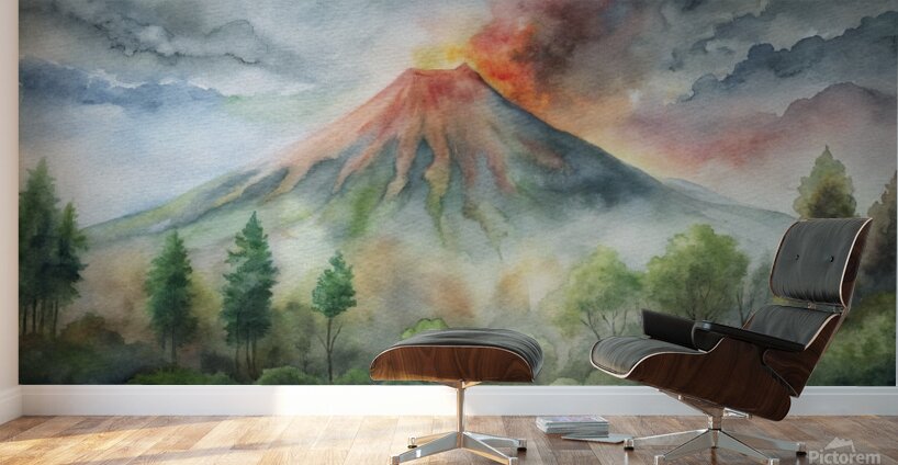                   Watercolor Volcano Eruption in a Misty Forest Wall Murals