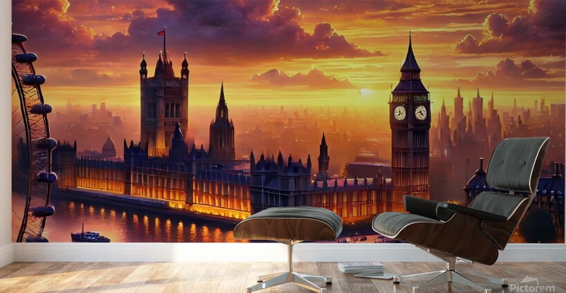 Stunning Sunset Over London – Big Ben & Thames River in Golden Light Wall Murals