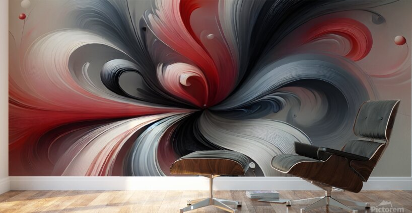  Abstract Floral Art – Red Gray & Black Swirling Fluid Painting Wall Murals