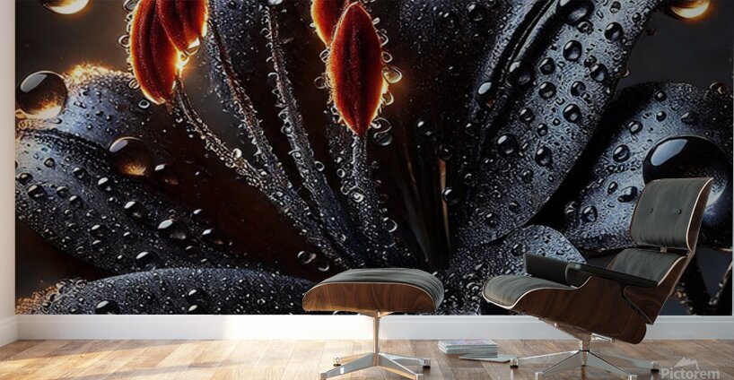 Black Lily with Dewdrops – A Stunning Dark Floral Macro Photography Wall Murals