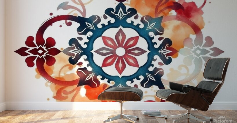 Traditional Ornamental Tattoo Art – Elegant Abstract Design in Burgundy and Wall Murals