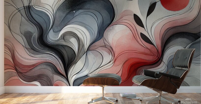Modern Abstract Painting with Red Black and Gray Fluid Shapes Wall Murals