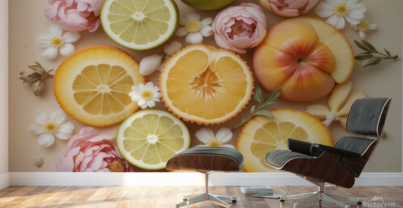 Vibrant Citrus and Floral Flat Lay – Aesthetic Fruit and Flowers Composition Wall Murals