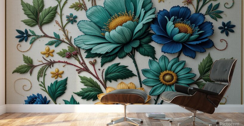 Exquisite Hand-Embroidered Floral Artwork – Vibrant Botanical Textile Art Wall Murals