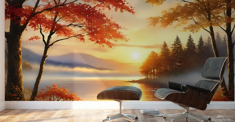 Tranquil Autumn Sunrise Over a Misty Lake Wall Murals