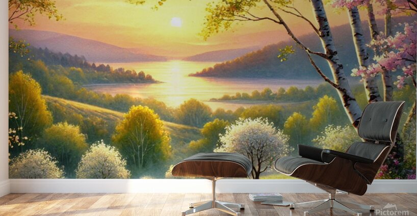 Serene Spring Sunset Over a Blooming Landscape Wall Murals