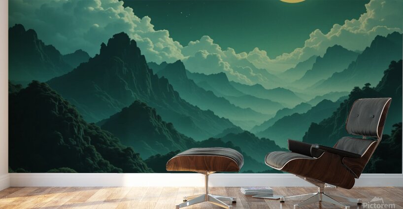 Mystical Full Moon Over a Majestic Mountain Landscape at Night Wall Murals