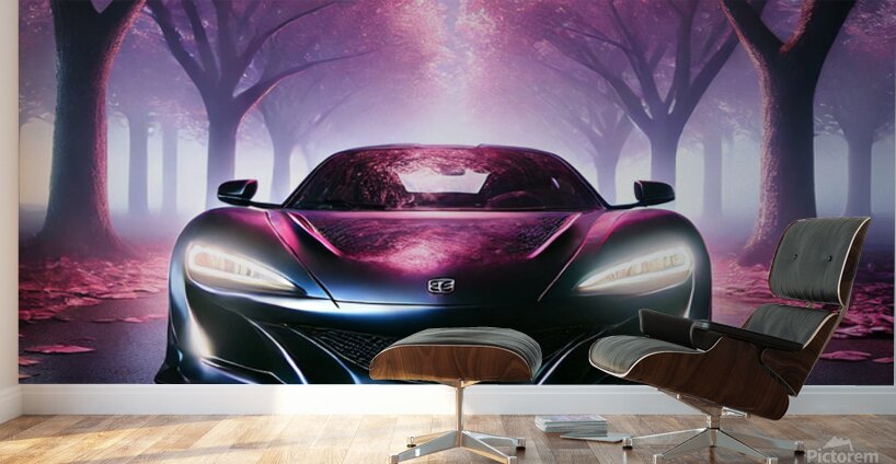 Luxury Supercar in a Dreamy Pink Forest – Stunning Night Drive Wall Murals