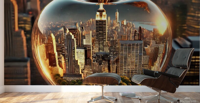 Golden Apple of New York – A Surreal Cityscape Reflection Wall Murals