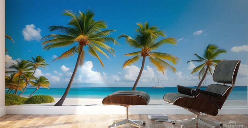 Tropical Paradise: White Sand Beach with Swaying Palm Trees and Yachts Wall Murals