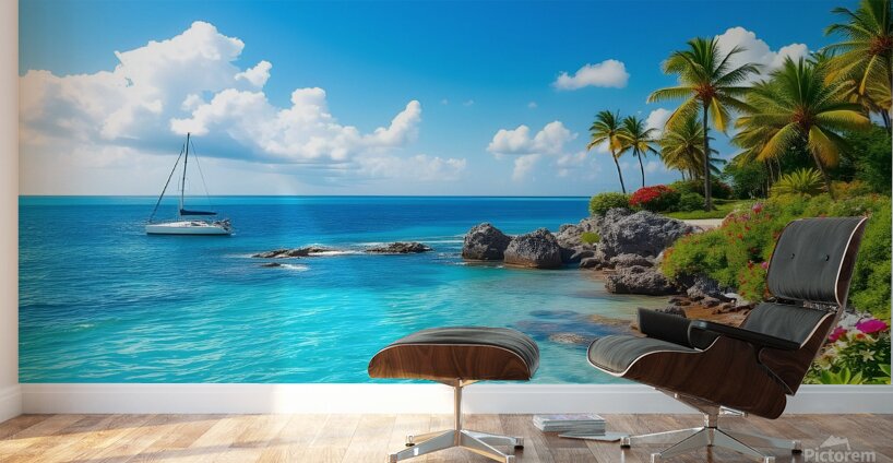 Tropical Paradise with Turquoise Waters Palm Trees and a Sailing Yacht Wall Murals