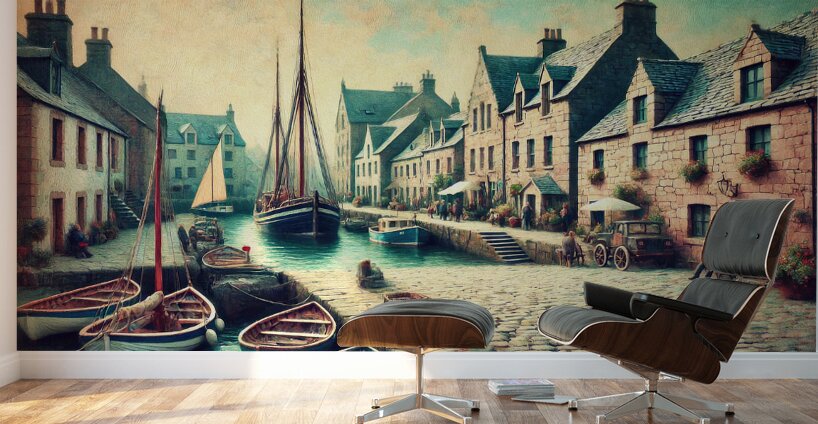Vintage European Village Harbor Wall Murals