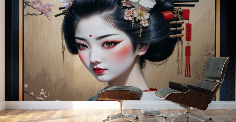 A Serene Portrait Of The Elegant Aoiyako Tsuruhime In A Traditional Kimono Mesmerizing AI Concept Art by Xzendor7 Wall Murals